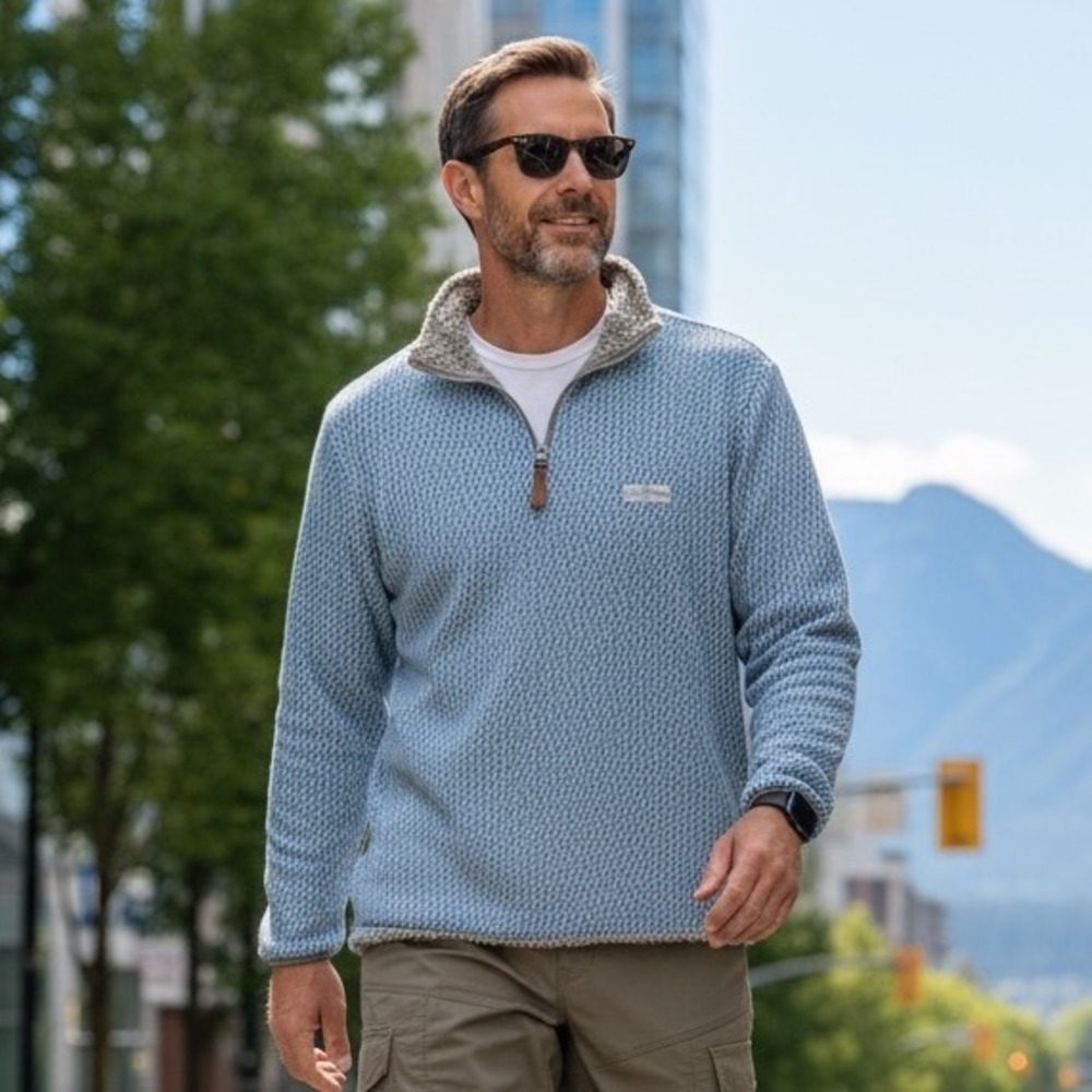 USA Palm Mens Reversible Quarter Zip Sherpa Fleece Pullover Grey Blue Large